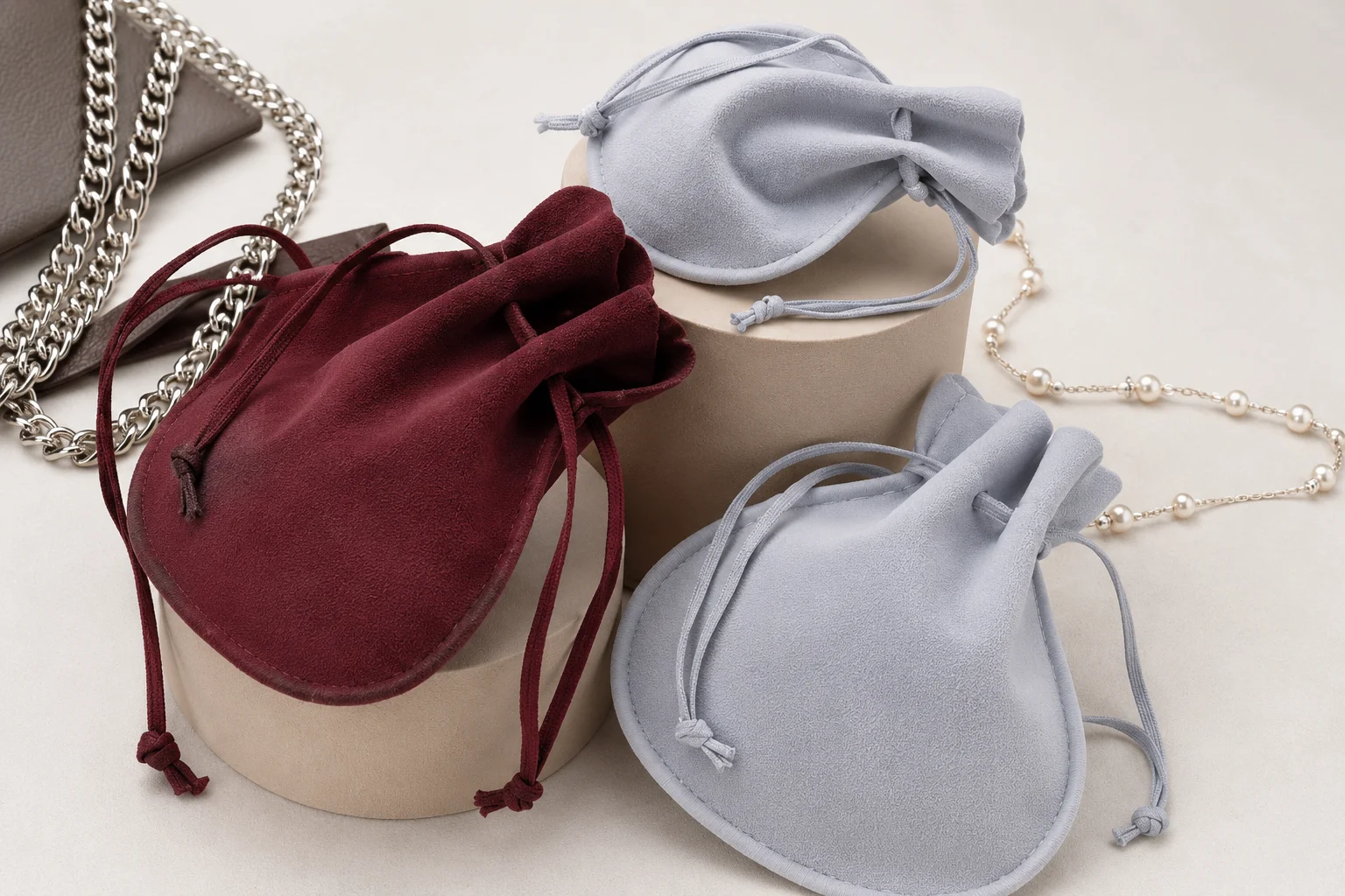 Double Faced Simulated Suede Drawstring Jewelry Pouches